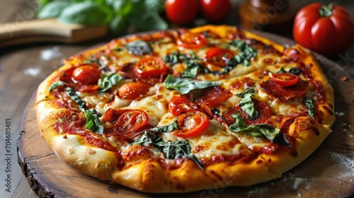  a pizza sitting on top of a wooden cutting board next to a bunch of tomatoes and basil on top of a table.
