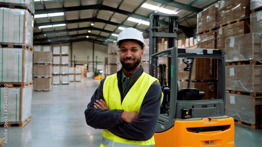 Male warehouse worker standing by forklift. Warehouse manager checking delivery, stock in warehouse, inspecting products for shipment. Male warehouse worker standing by forklift. Warehouse manager checking delivery, stock in warehouse, inspecting products for shipment.
