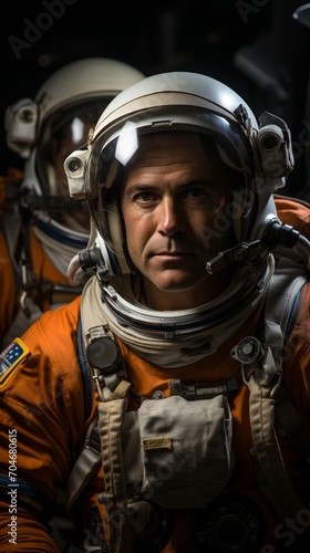Portrait of a male astronaut wearing an orange spacesuit and a white helmet © duyina1990