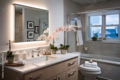 Modern bathroom interior with orchids and city view