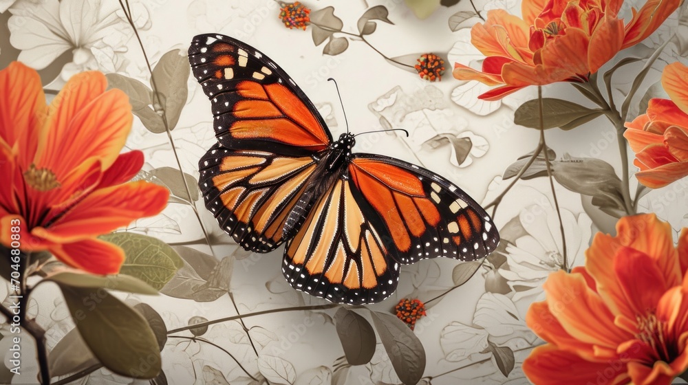 a close up of a butterfly on a flower with a background of orange and white flowers with leaves and flowers. a close up of a butterfly on a flower with a background of orange and white flowers with leaves and flowers.