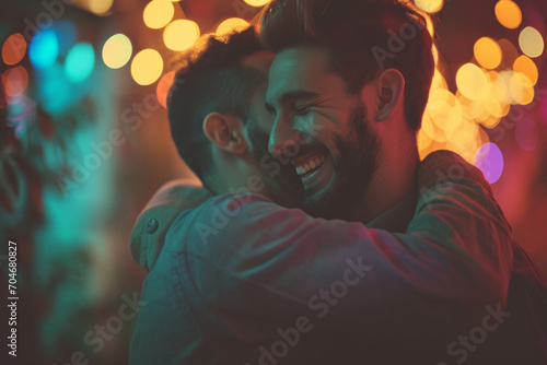 Loving gay couple laughing together - AI Generated photo