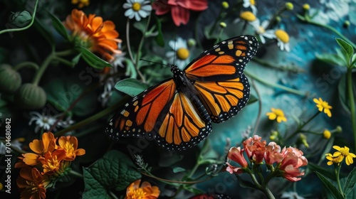  a close up of a butterfly on a flower with many other flowers in the background and a wall of flowers in the foreground.
