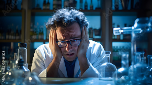 A scientist looking frustrated in a lab with a failed experiment broken equipment around.