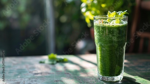  a glass filled with a green drink sitting on top of a wooden table next to a green potted plant.