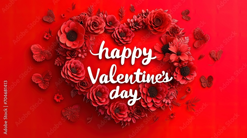 Happy Valentines Day Text Inside a Heart Made of Red Flowers on Red Background. Happy Valentines Day Text Inside a Heart Made of Red Flowers on Red Background.