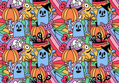 Halloween cartoon doodle seamless pumpkins and ghost pattern for wrapping paper and fabrics and linens