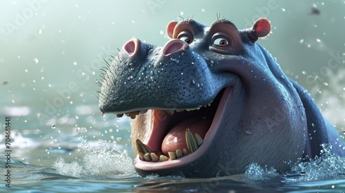  a close up of a hippopotamus in a body of water with it's mouth wide open. © Anna