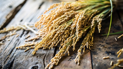  a close up of a bunch of grain on a wooden table with a sprig of grass in the foreground.