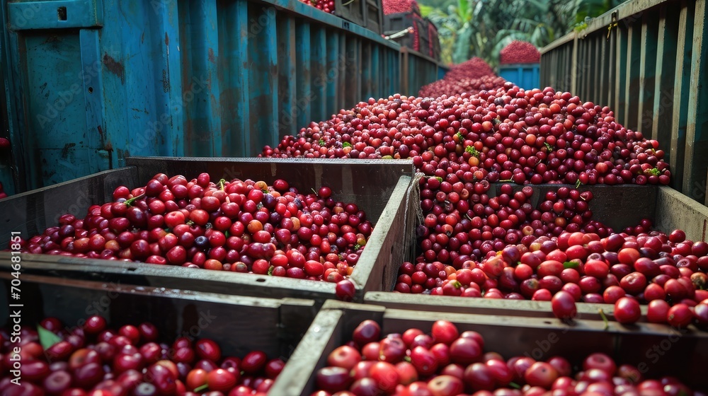 Red cherry coffee bean Fruit and food distribution, tropical fruit .Truck loaded with containers ready to be shipped to the market Red cherry coffee bean Fruit and food distribution, tropical fruit .Truck loaded with containers ready to be shipped to the market