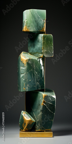 Jade sculpture with cubed chunks staggered as it climbs upward with gold embellishments