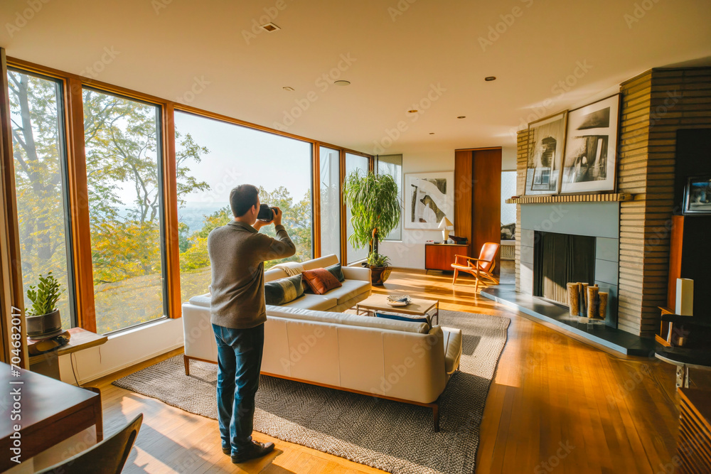 Real estate photographer taking interior photos of a property for sale - obrazy, fototapety, plakaty 