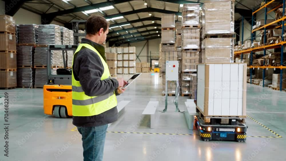 Warehouseman with tablet checking delivery, stock in warehouse. Warehouse manager using warehouse management software, app. Warehouseman with tablet checking delivery, stock in warehouse. Warehouse manager using warehouse management software, app.
