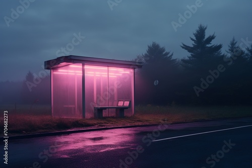 An empty bus stop glows pink at night