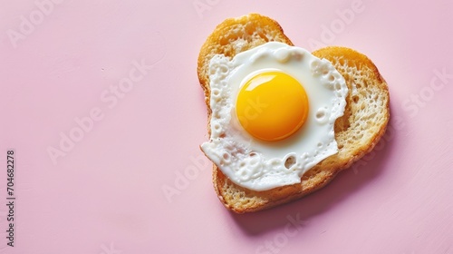  a heart shaped piece of bread with an egg in the middle of it on top of a light pink surface.
