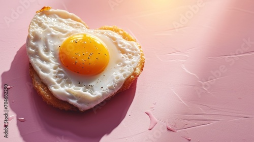  an egg in the shape of a heart on top of a piece of bread on a pink surface with sprinkles.