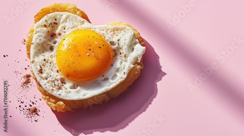  a fried egg on top of a piece of bread on a pink surface with sprinkles on it.