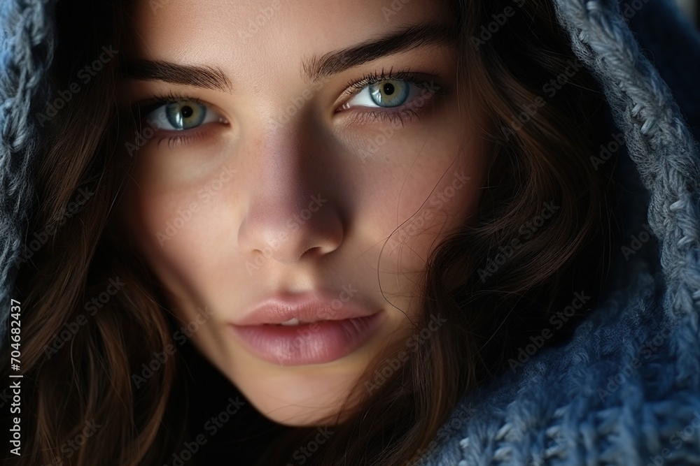 Portrait of a beautiful young woman with blue eyes and brown hair wearing a gray sweater Portrait of a beautiful young woman with blue eyes and brown hair wearing a gray sweater