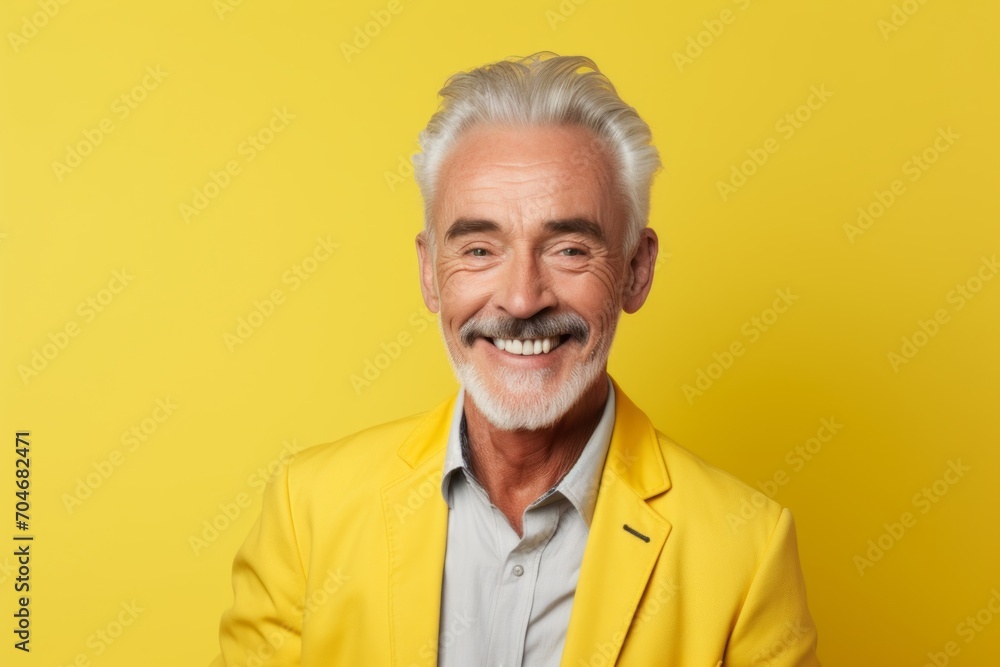 Portrait of a smiling senior man in yellow jacket on yellow background Portrait of a smiling senior man in yellow jacket on yellow background