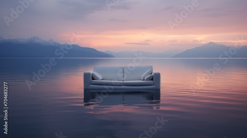 Sofa floating on a calm serene lake at sunset. © STKS