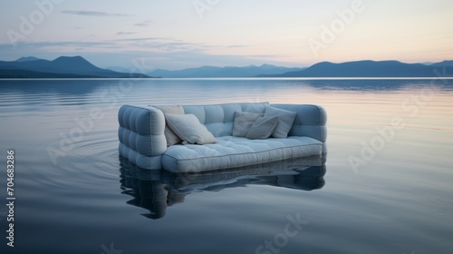 Sofa floating on a calm serene lake. photo
