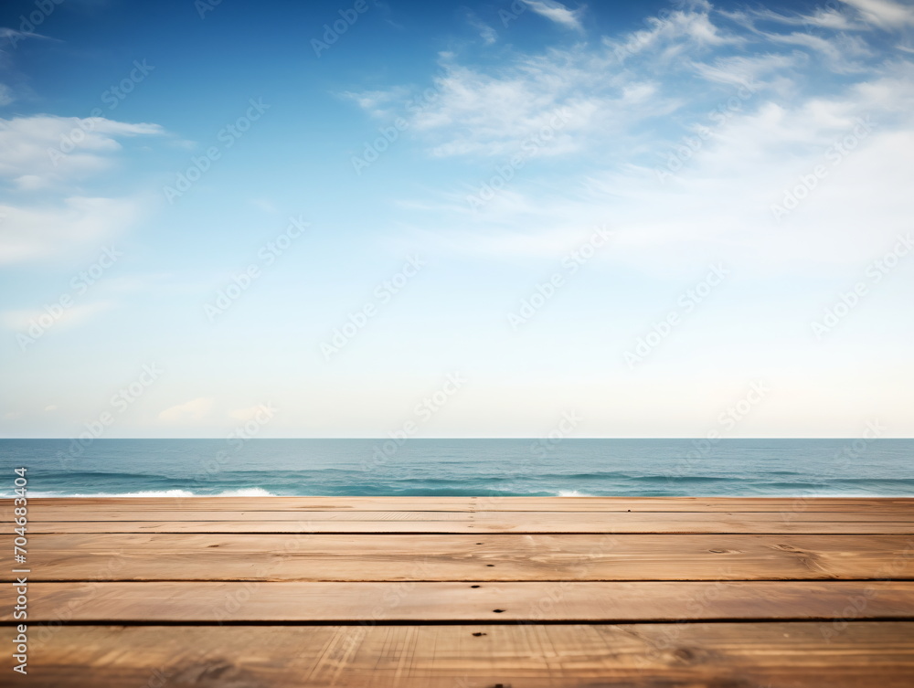 An empty wooden dock with the ocean in the background,