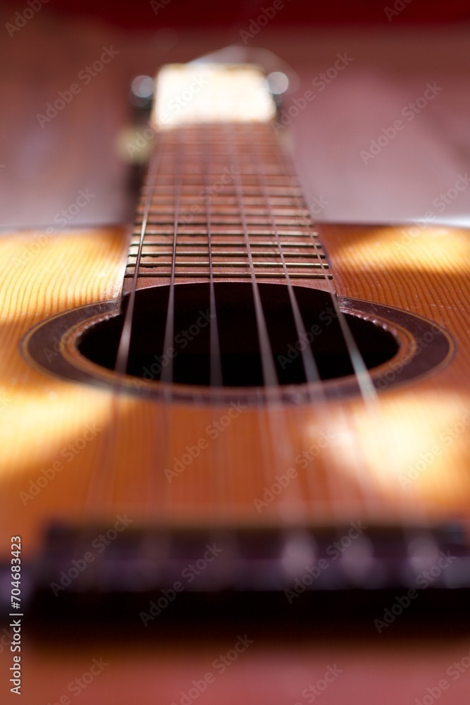 Obraz premium photograph of the neck of an acoustic guitar, strings, soundboard and frets