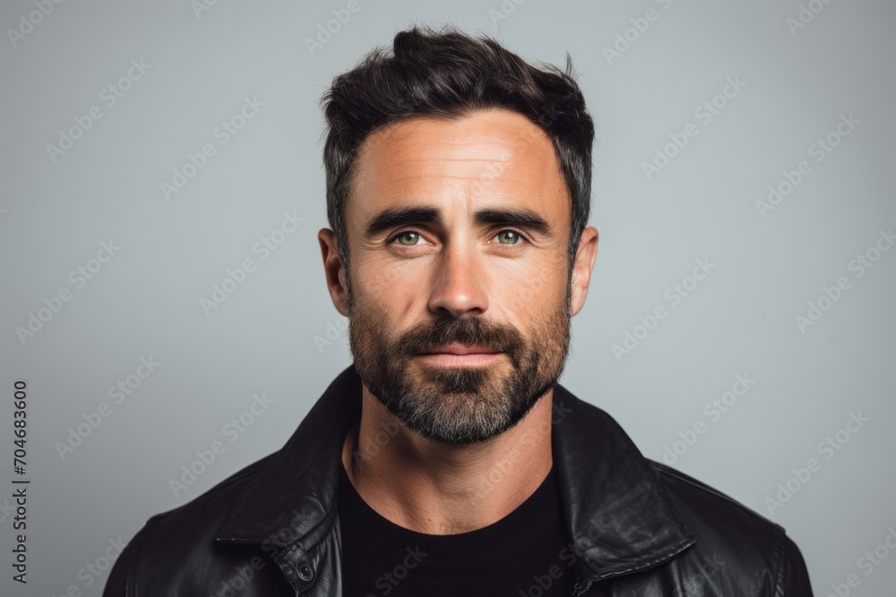 Portrait of a handsome man with beard and mustache in black leather jacket. Portrait of a handsome man with beard and mustache in black leather jacket.