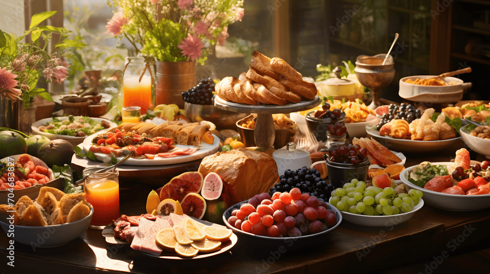 Easter brunch spread with delicious food and pastries