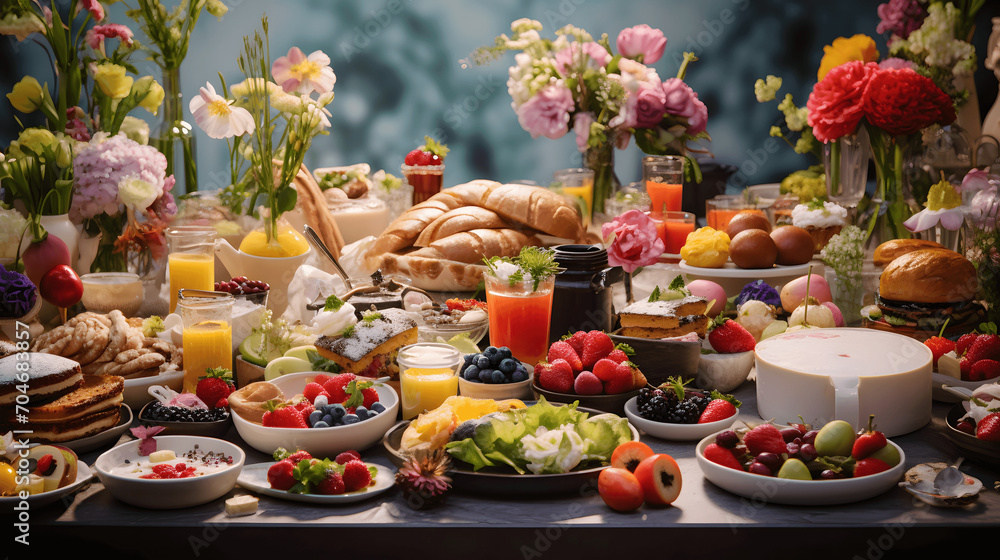 Easter brunch spread with delicious food and pastries