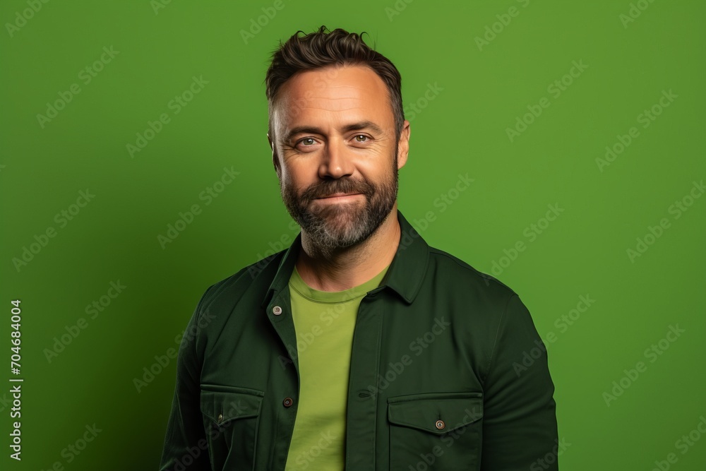 Handsome bearded man in a green jacket on a green background Handsome bearded man in a green jacket on a green background