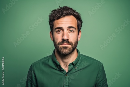 Portrait of a bearded man in a green shirt on a green background