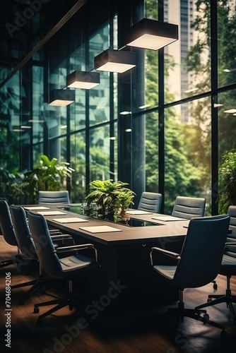 Modern office interior with large windows and a conference table photo
