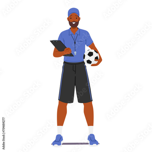 Energetic Male Physical Training Teacher, Holding A Ball And Clipboard, Motivates Students With Dynamic Workouts.