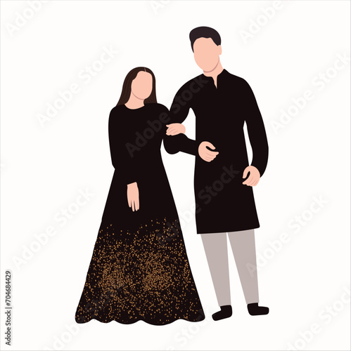  Indian Couple Portrait for Save the date, invitation, wedding, engagement, qawwali night. Black traditional eastern dress, celebration day