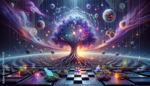 Enigmatic AI: Illuminated tree of knowledge in surreal dreamscape.