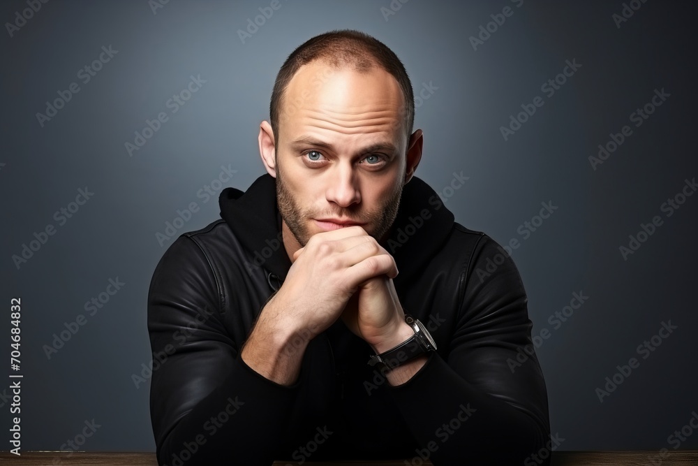 pensive casual man sitting at the table and looking at the camera