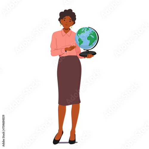Knowledgeable Woman Geography Teacher Character Passionately Imparts Wisdom, Gesturing Toward A Spinning Globe