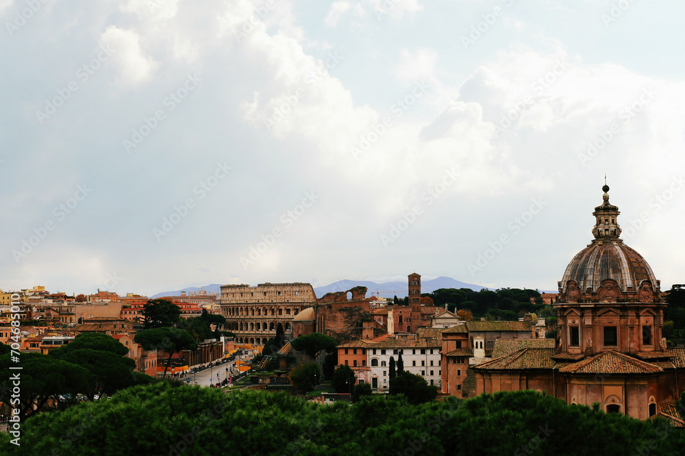 Panoramic view of Rome and the Colosseum, Italy