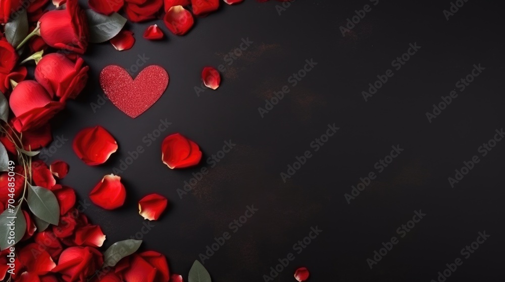 Valentines day background with red rose petals and heart on black background. AI generated - obrazy, fototapety, plakaty 