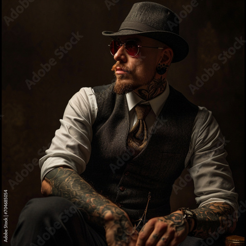 Portrait of a bearded gangster in a rockabilly style. Wearing hat, suit and tattoos. Black background. Retro. 