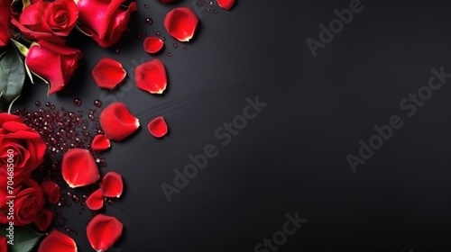 Red rose petals on black background with copy space. Valentines day background. AI generated © Carlos Dominique