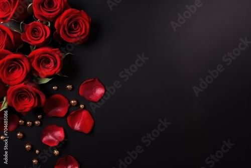 Red roses on black background with copy space. Valentines day background. AI generated © Carlos Dominique