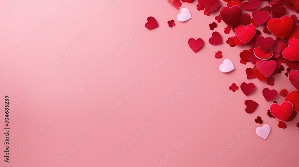Valentine's day background with red and white hearts on pink background. AI generated