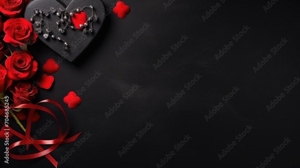 Valentine's day background with red roses and hearts on black background, AI generated