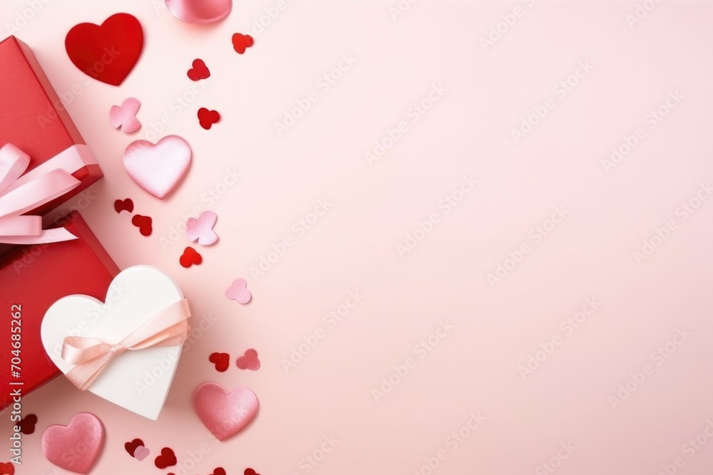 Valentine's day background with red gift box and hearts on pink background. AI generated