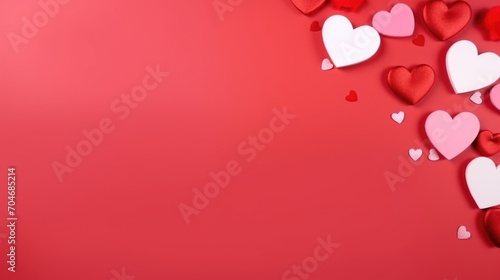 Valentine's day background with red and white hearts on red background. AI generated