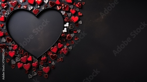 Valentines day background with red hearts on black background with copy space. AI generated