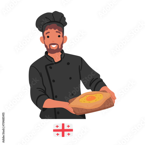 Georgian Chef Presents A Beautifully Baked Khachapuri, A Traditional Cheese-filled Bread, Oozing With Melted Cheese