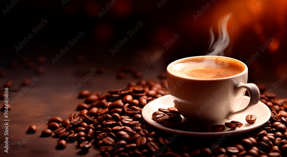 Fototapeta premium Coffee mug on dark wooden table. Copy space